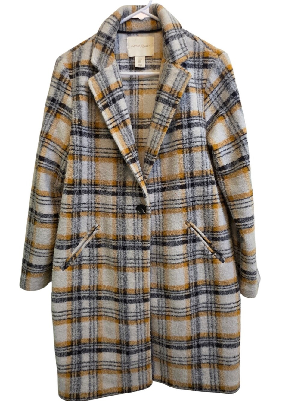Cynthia Rowley Wool Blend Plaid Print Mid-Length Pea Coat Cream Gold Gray Sz S